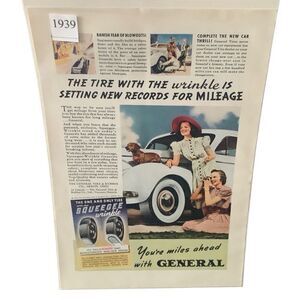Vintage 1939 General Tire Setting New Records for Mileage Ad Advertisement